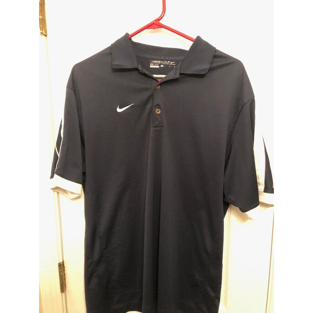 Nike Dri-Fit Dark Blue 4 Button Polo Shirt With White Accents Golf Casual Size L